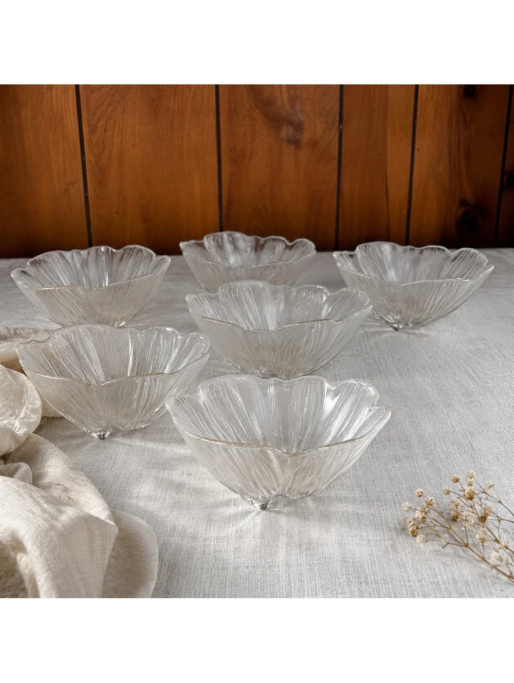 Vintage Iridescent Peach Sheen Glass Flower Bowls Set of 6